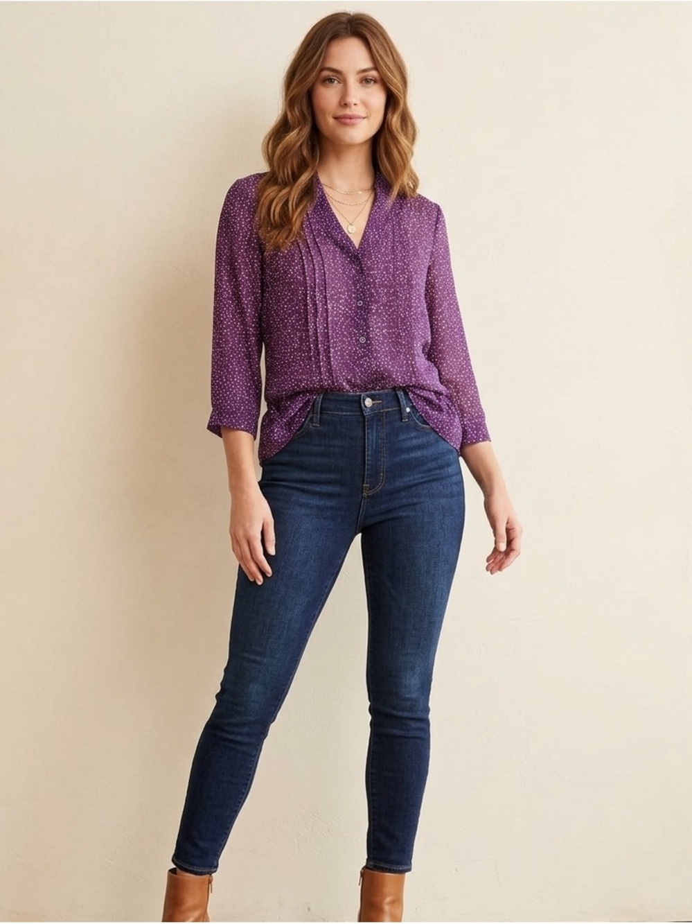 GAP Polka Dot Sheer V-Neck Button Front Long Sleeve Top in Purple